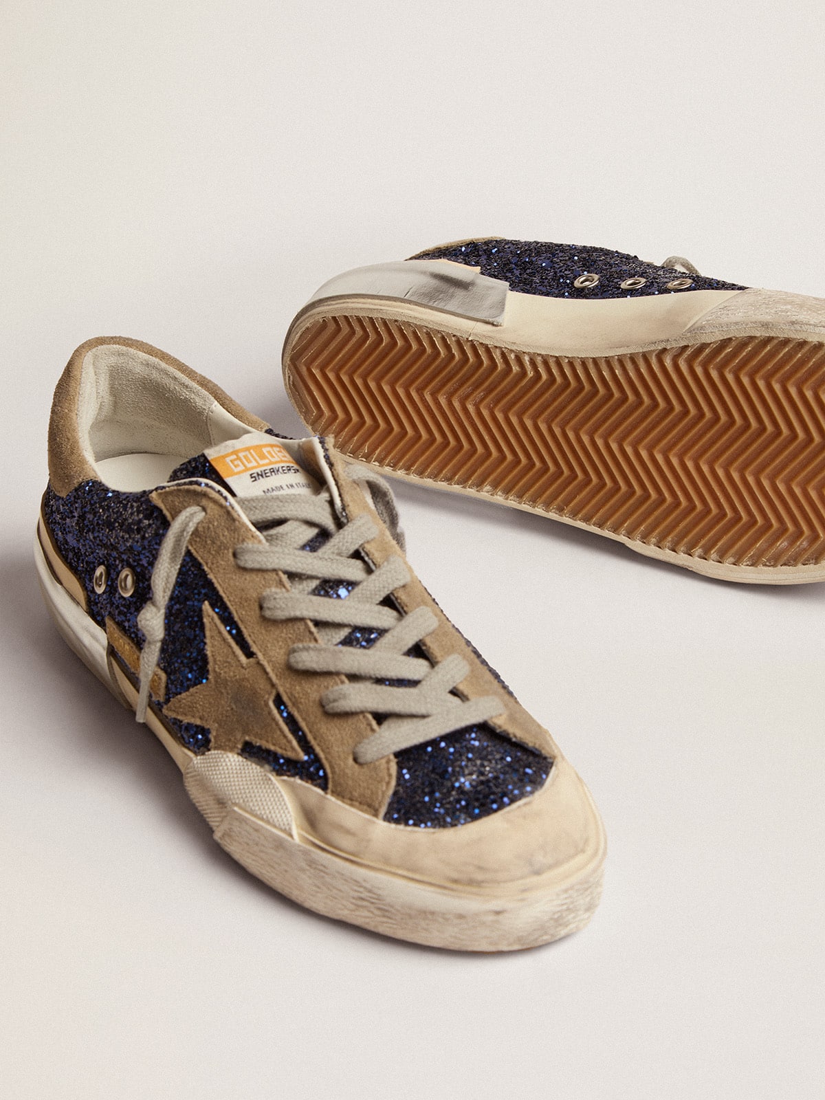 Golden Goose - Women's Super-Star in blue glitter with dove gray suede star in 