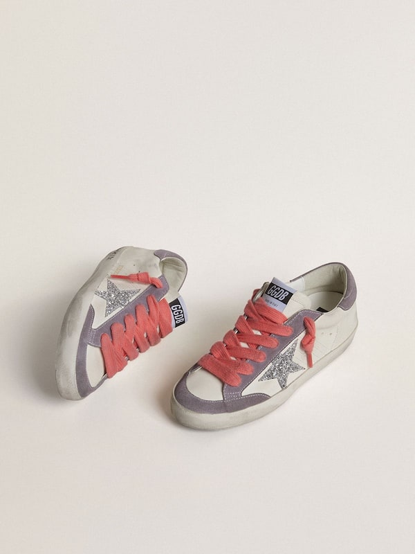 Golden Goose - Women's Super-Star with silver glitter star and lilac suede heel tab in 