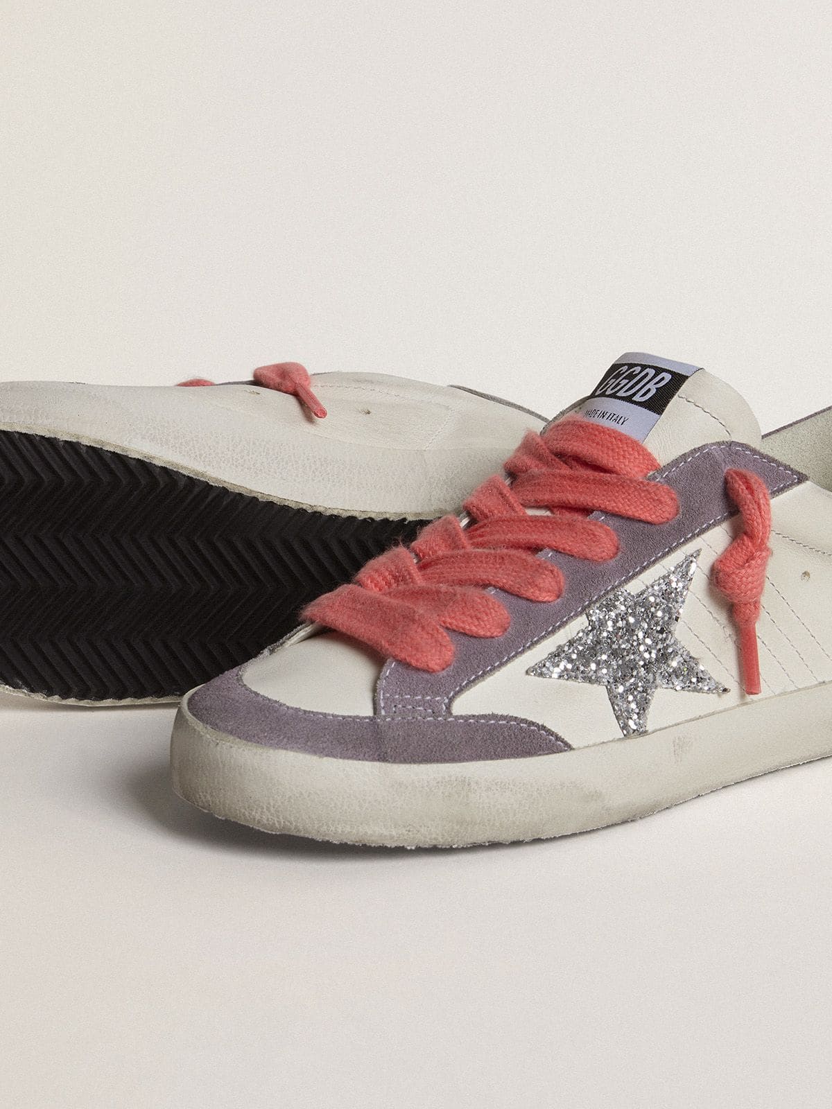 Golden Goose - Super-Star with silver glitter star and lilac suede heel tab in 
