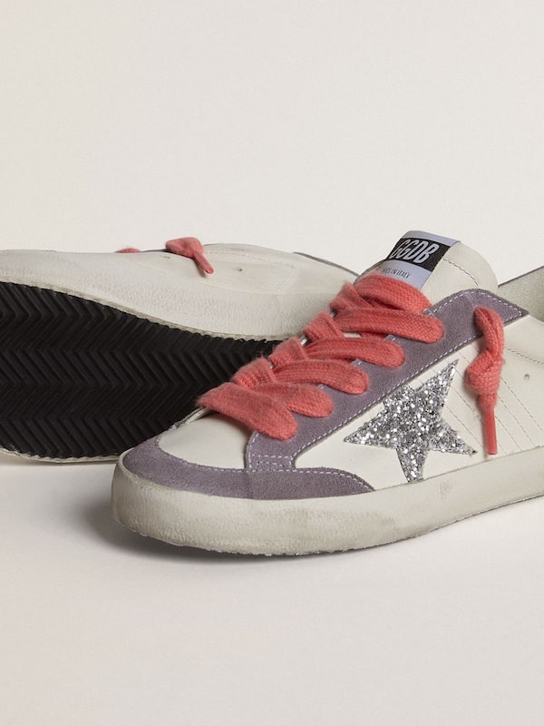 Golden Goose - Women's Super-Star with silver glitter star and lilac suede heel tab in 