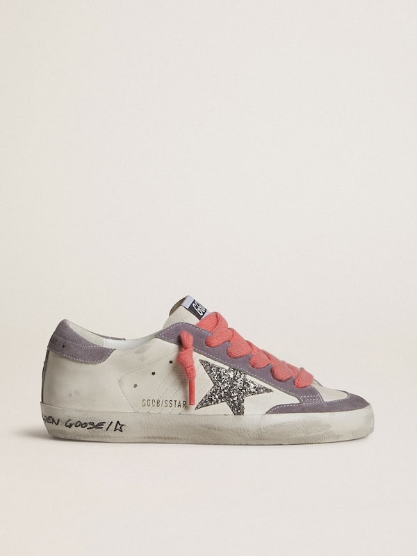 Golden Goose - Women's Super-Star with silver glitter star and lilac suede heel tab in 