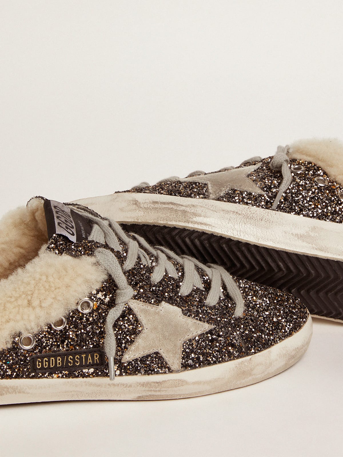 Golden Goose - Mule Super-Star feminino com glitter e interior de shearling in 