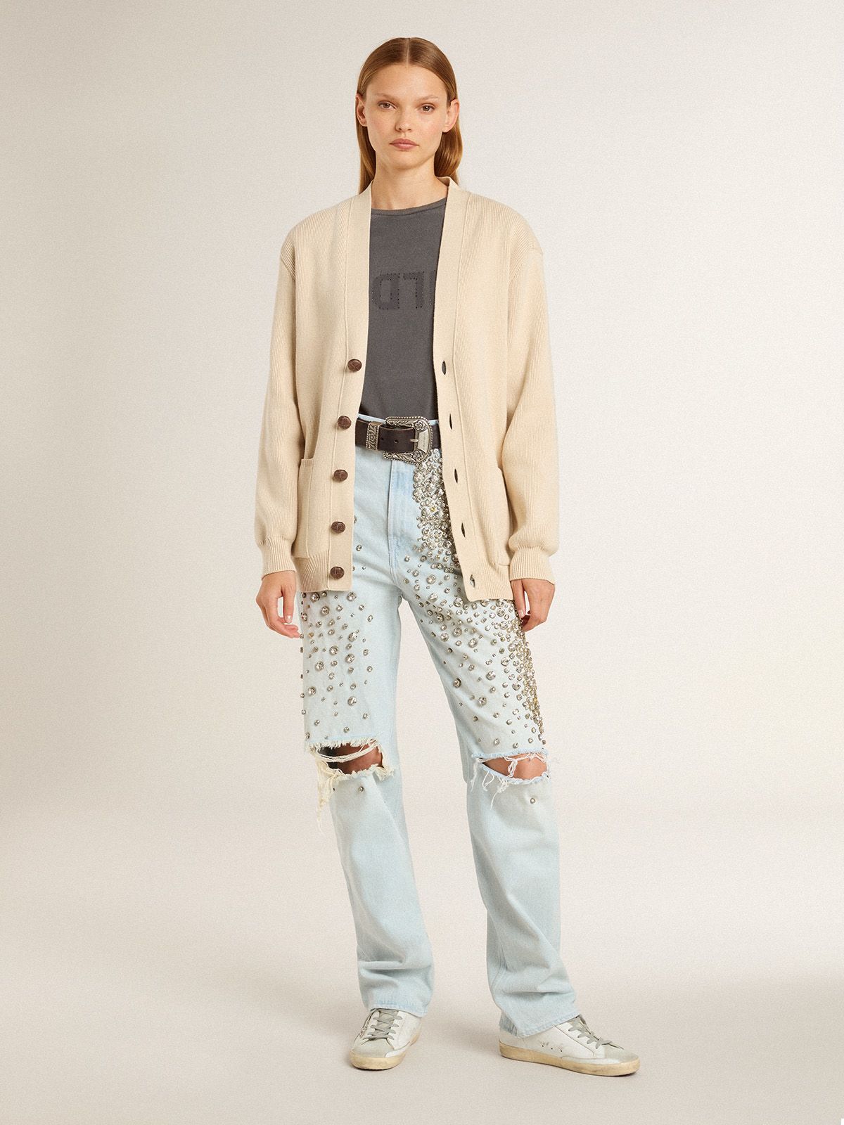 Golden Goose - Super-Star Sabot with a platinum glitter star and suede tongue in