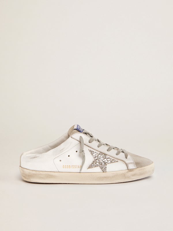Golden Goose - Super-Star Sabots in white leather and gray suede with silver glitter star in 