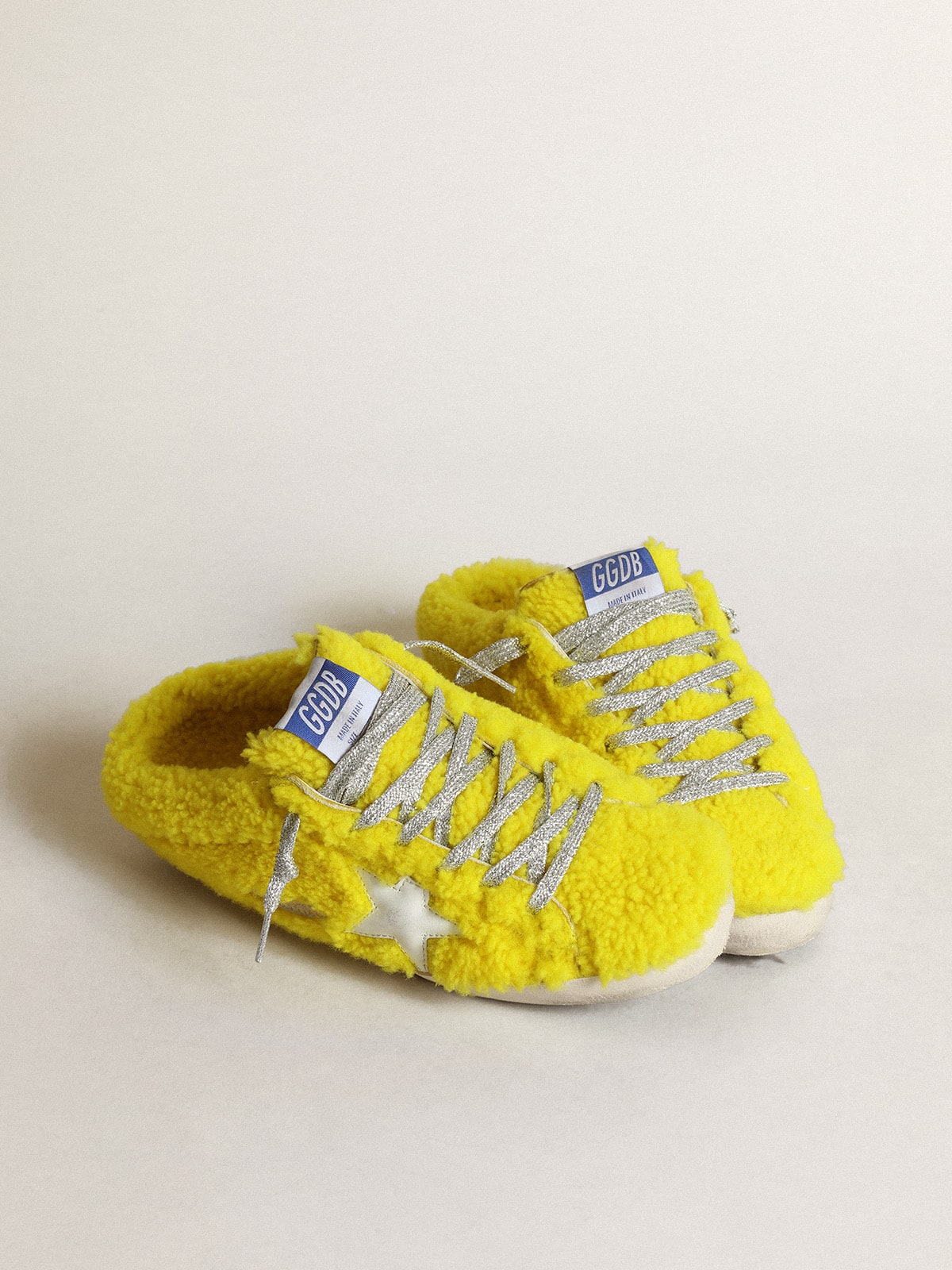 Golden Goose - Super-Star Sabots in fluorescent yellow shearling with white leather star in 