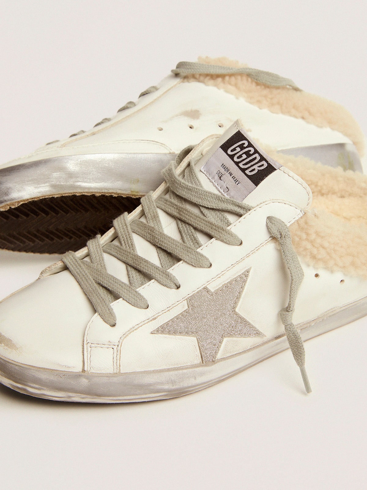 Super Star Sabots in white leather with shearling lining Golden Goose