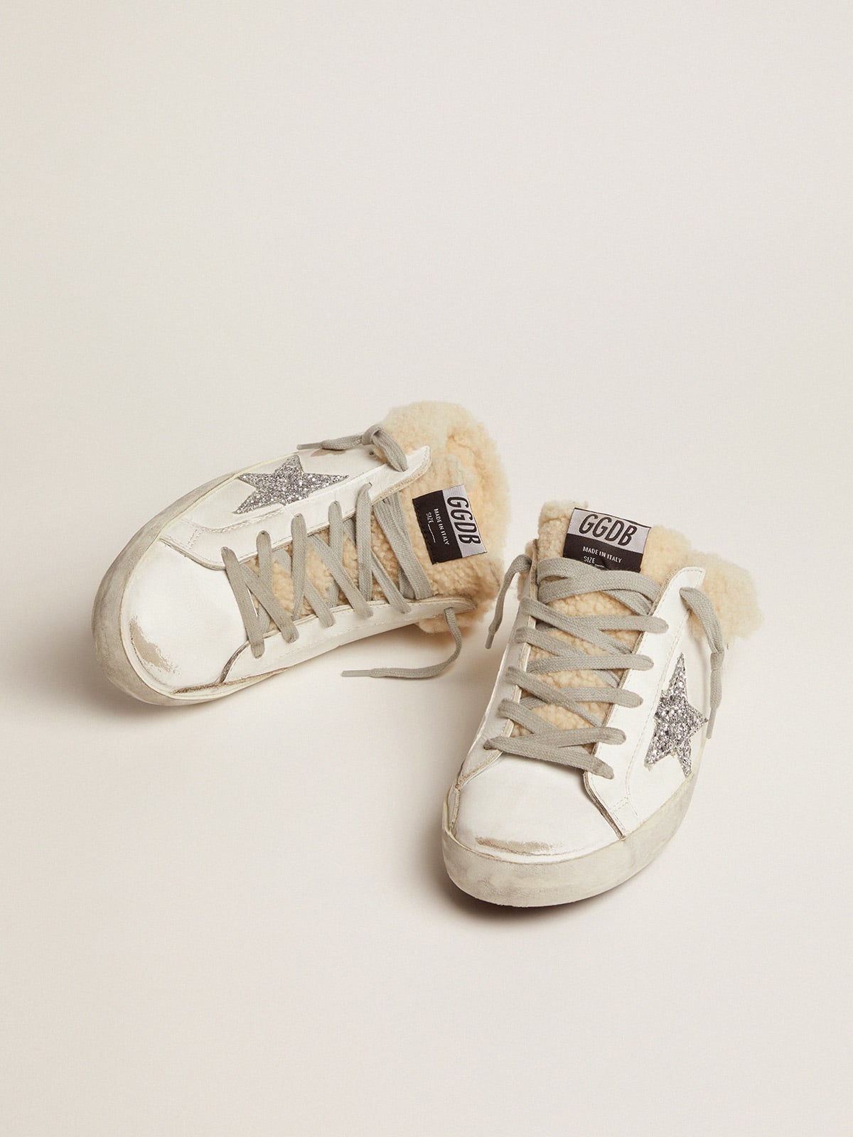 Golden Goose - Women's Super-Star Sabot in white leather and shearling lining in 