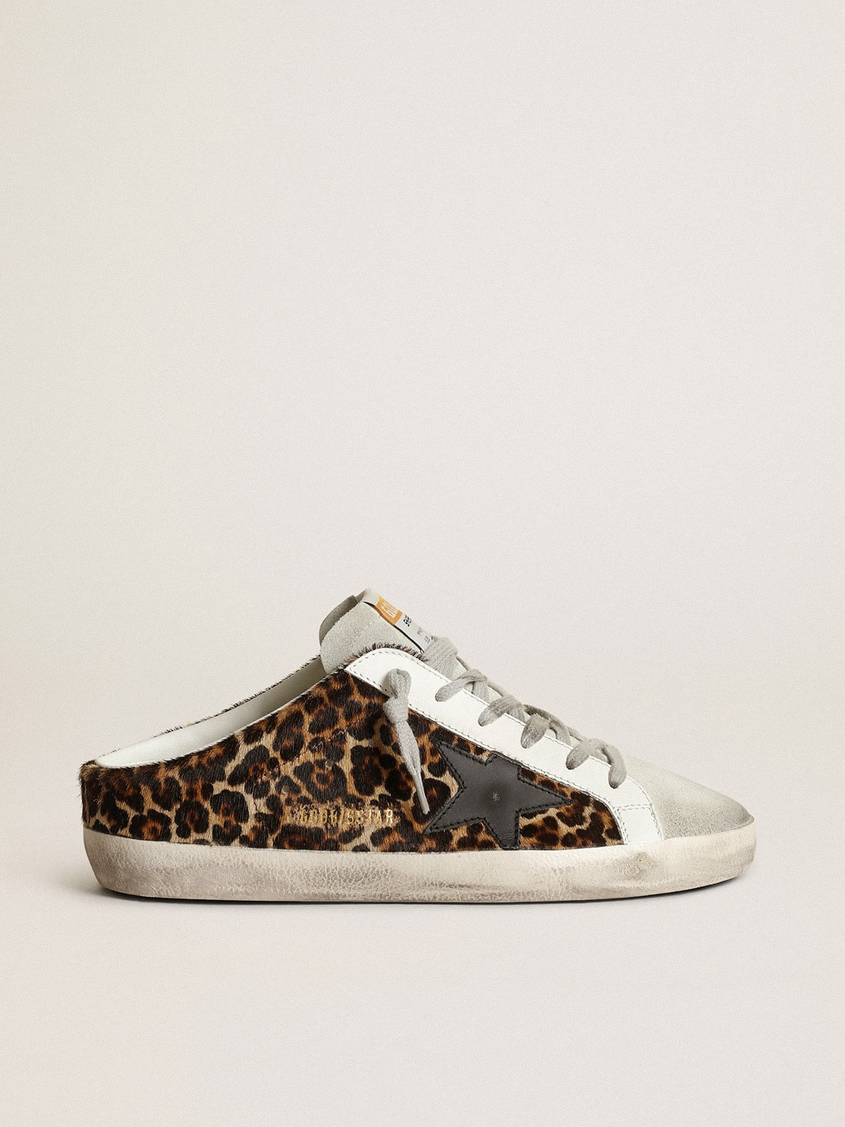 Women s Super Star Sabot in leopard print pony skin with black star Golden Goose