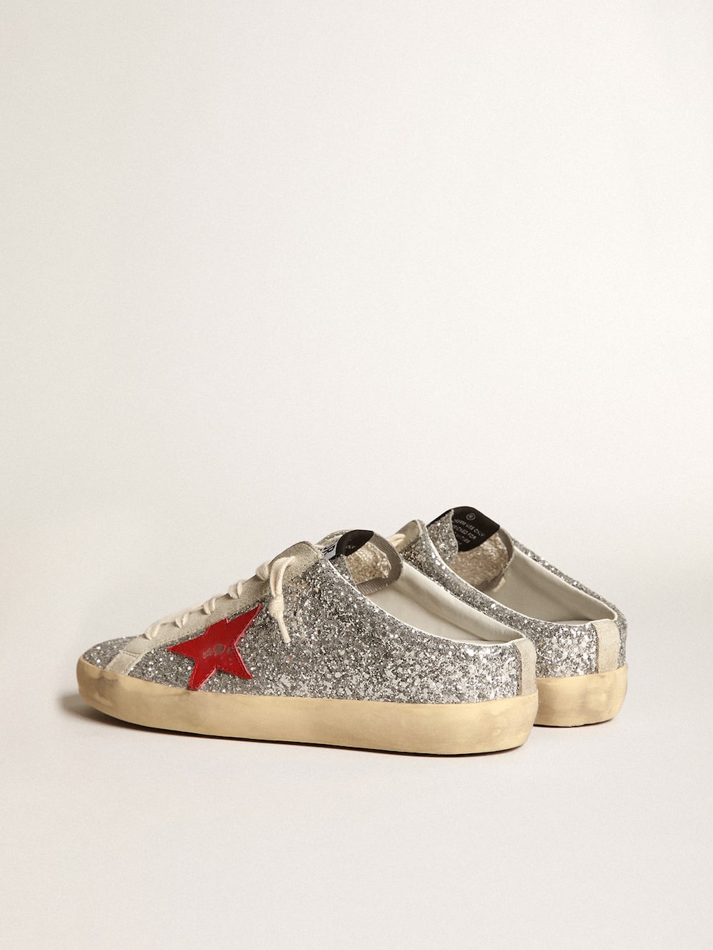 Golden Goose - Women's Super-Star Sabot in silver glitter with red leather star in 