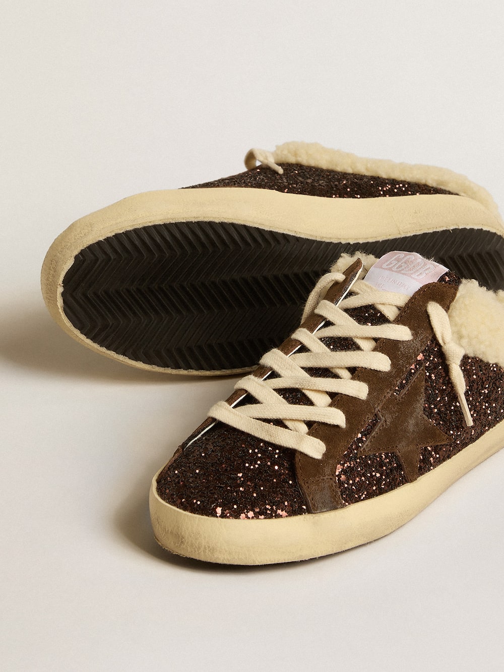 Golden Goose - Super-Star Sabots in glitter with brown star and shearling lining in 