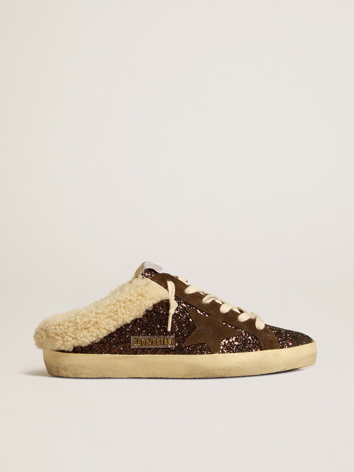 Super-Star Sabots in glitter with brown star and shearling lining | Golden  Goose