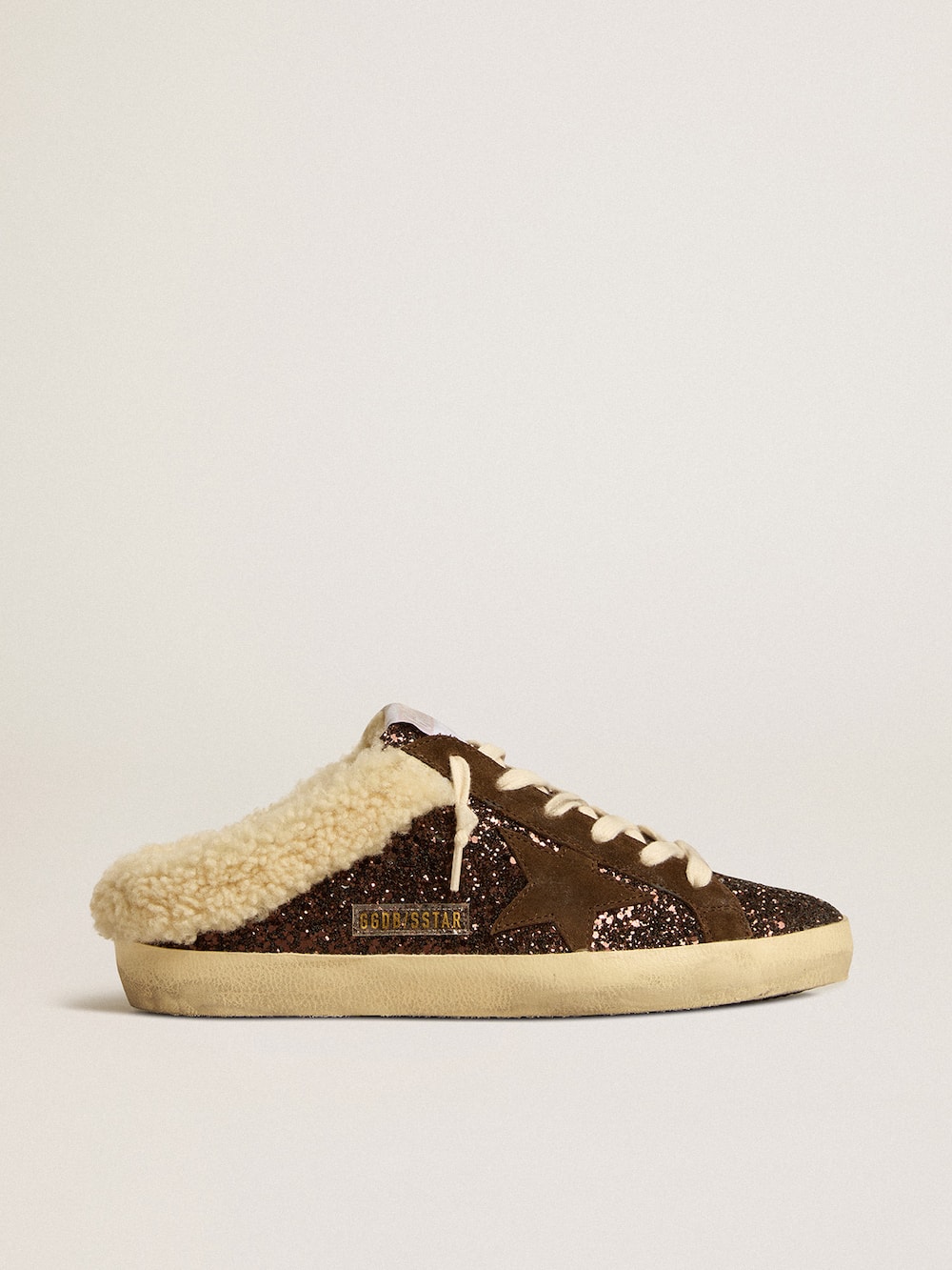 Golden Goose - Super-Star Sabots in glitter with brown star and shearling lining in 