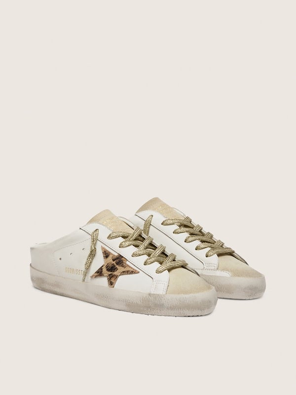 Golden Goose - Super-Star Sabots with pony skin star and beige suede tongue in 