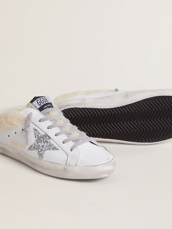 Golden Goose - Super-Star Sabots in white leather with shearling lining and silver star in 