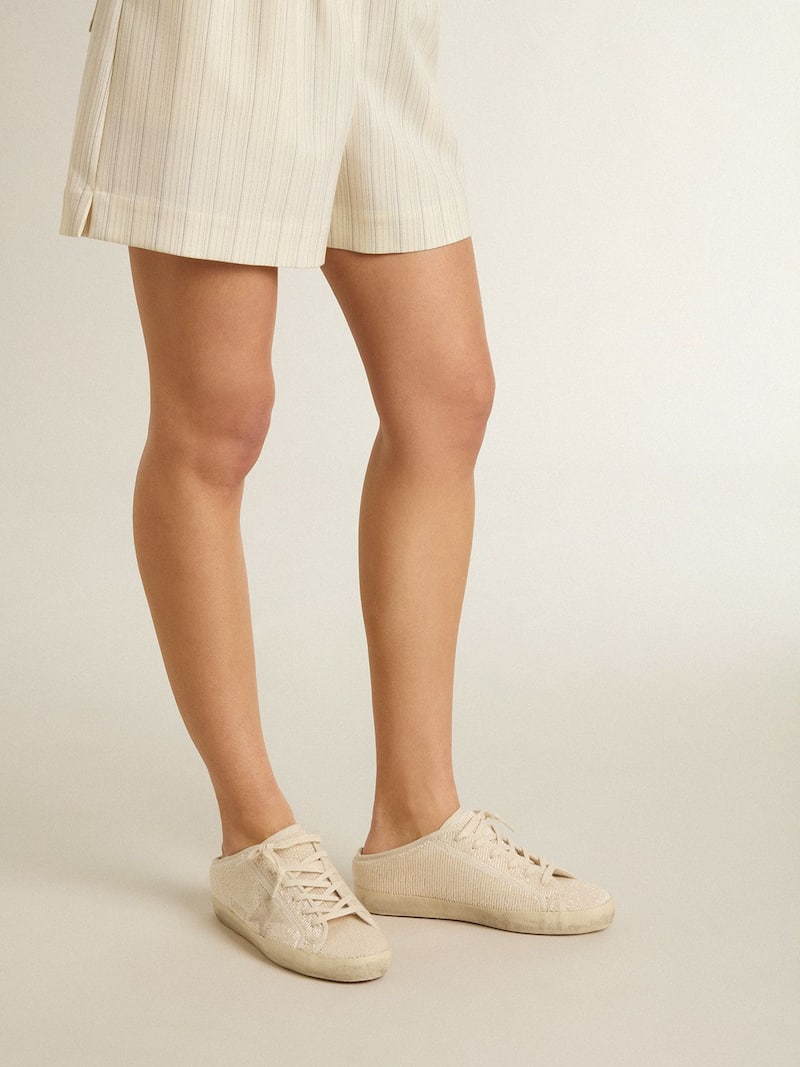 Golden Goose - Mules Super-Star de mujer de lona beige con cuentas bordadas y estrella de ante beige in 