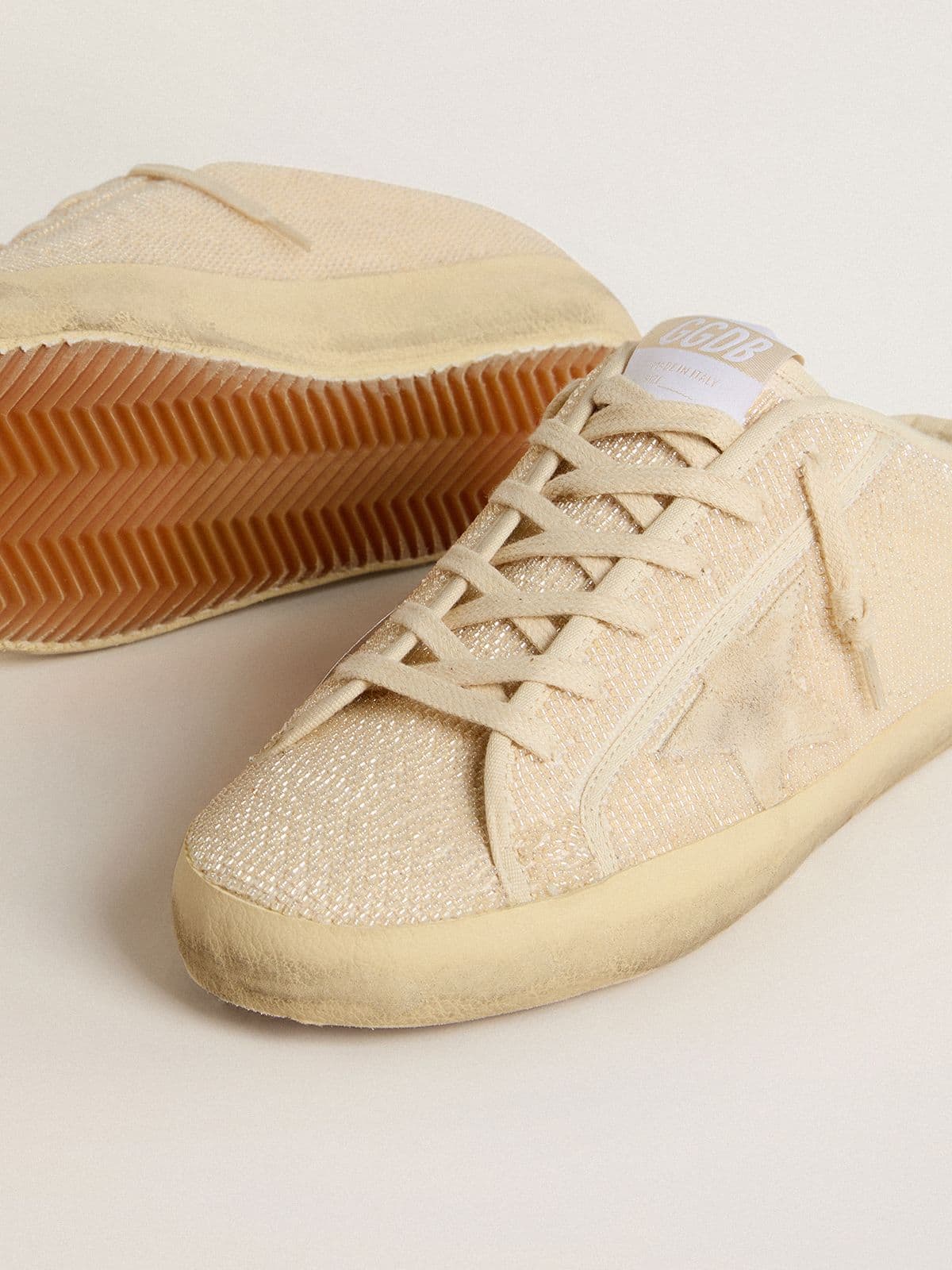 Golden Goose - Women's Super-Star Sabot in beige canvas with embroidered beads and beige suede star in 