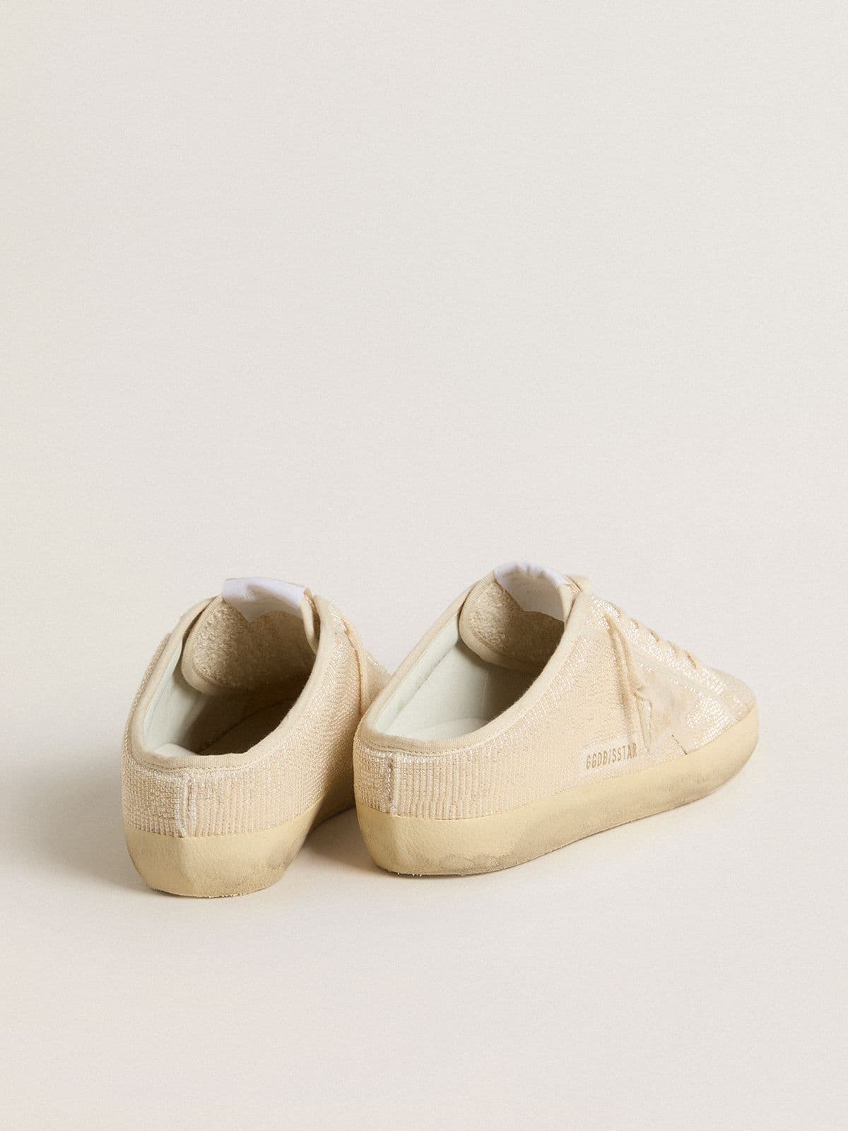 Golden Goose - Women's Super-Star Sabot in beige canvas with embroidered beads and beige suede star in 
