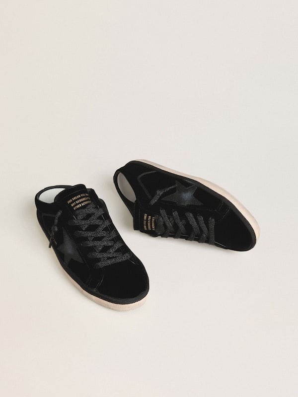 Golden Goose - Women's Super-Star Sabots in black velvet with a black leather star with micro-glitter in 
