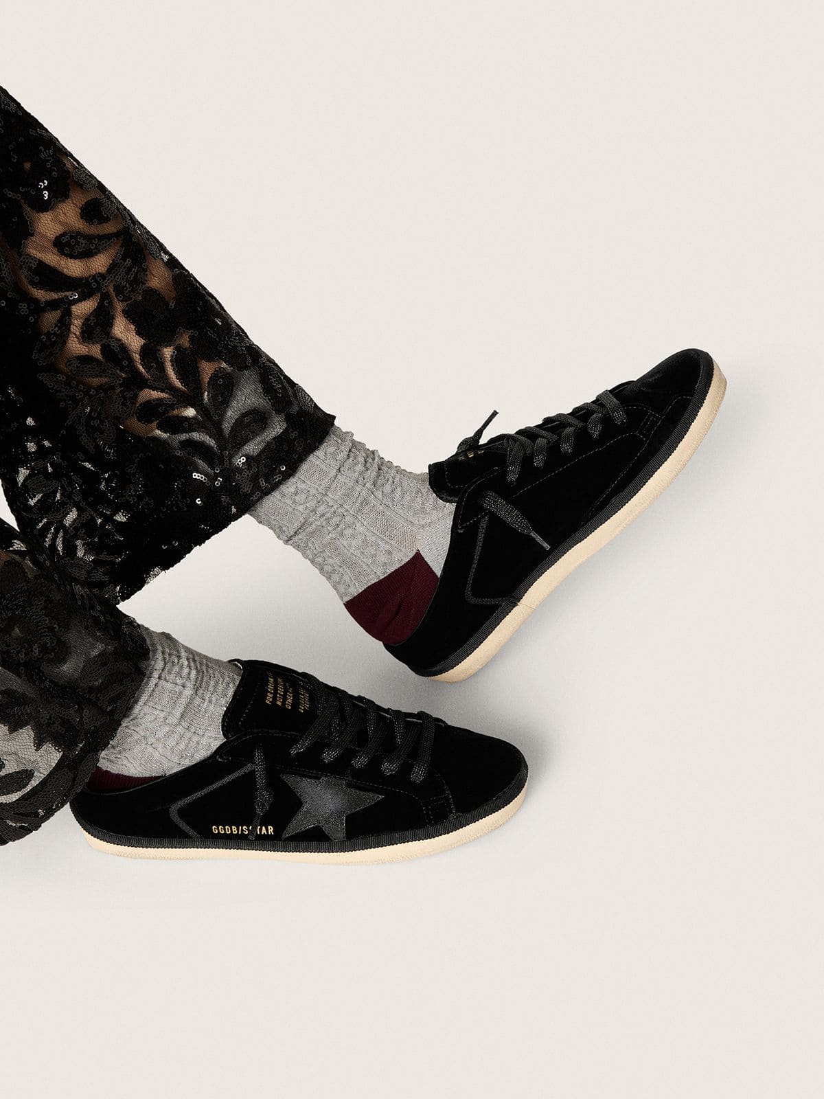 Golden Goose - Women's Super-Star Sabots in black velvet with a black leather star with micro-glitter in 