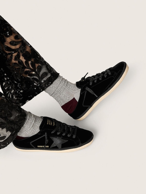 Golden Goose - Women's Super-Star Sabots in black velvet with a black leather star with micro-glitter in 