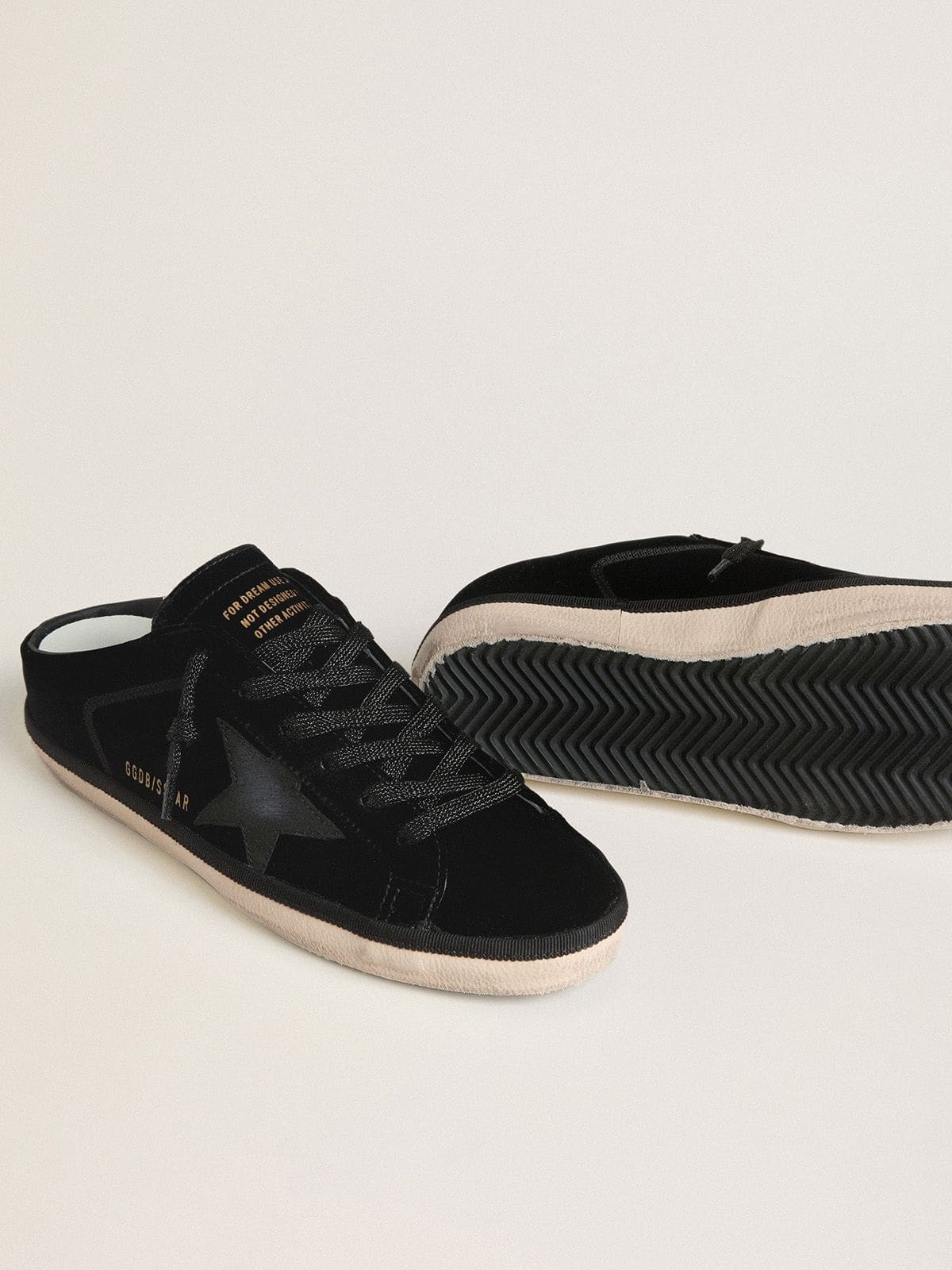 Golden Goose - Women's Super-Star Sabots in black velvet with a black leather star with micro-glitter in 