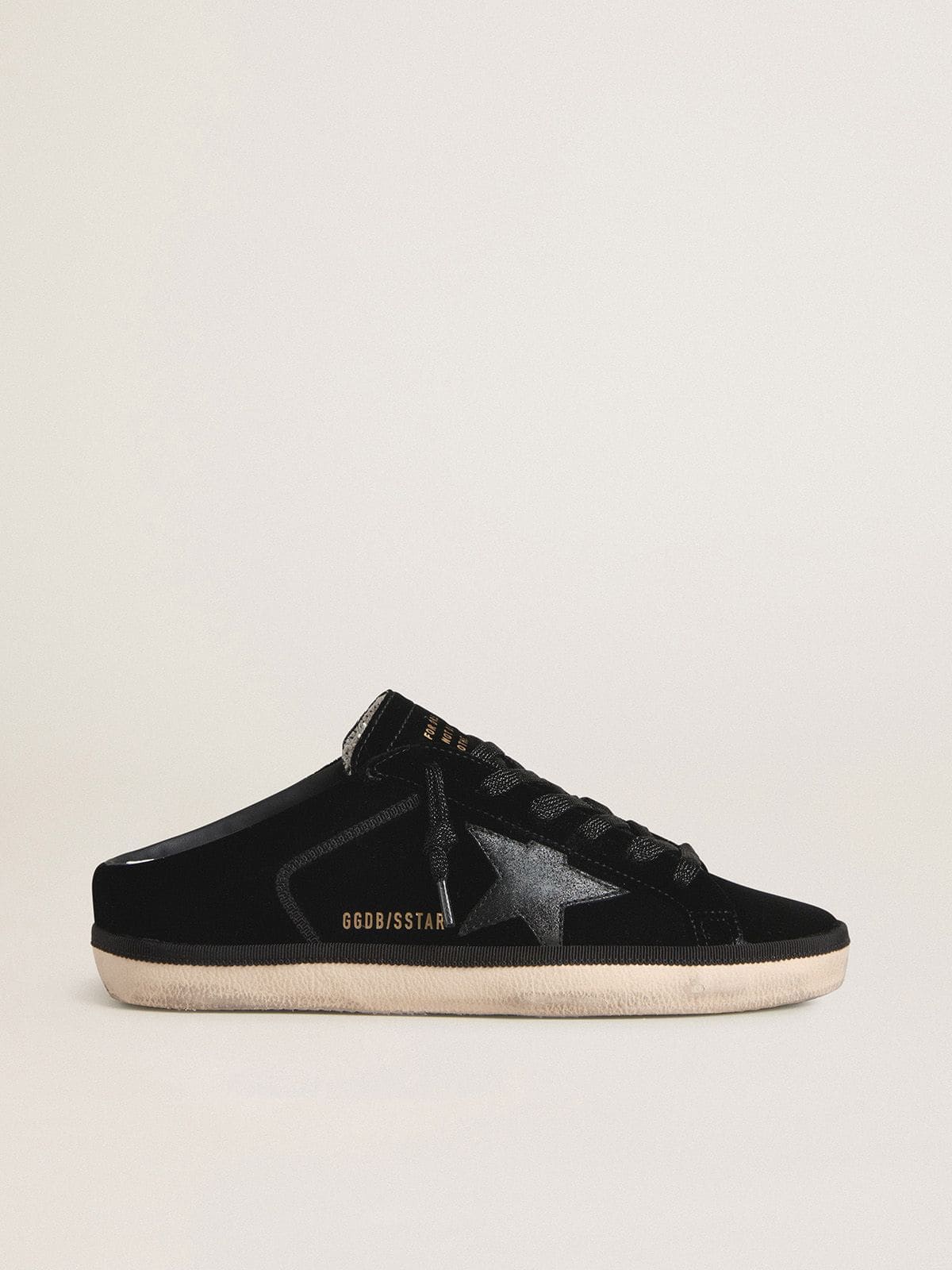 Golden Goose - Women's Super-Star Sabots in black velvet with a black leather star with micro-glitter in 