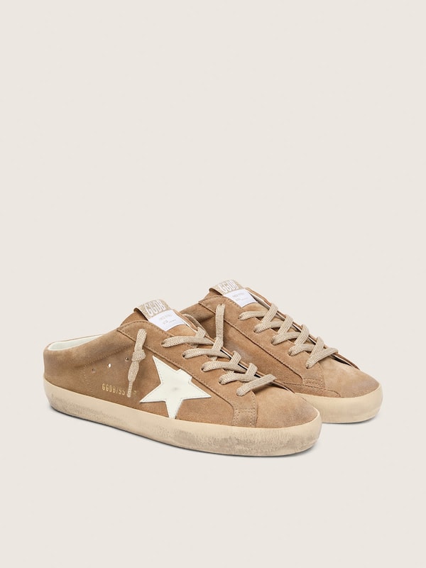 Mules Super-Star de mujer de ante tabaco con estrella de piel blanca