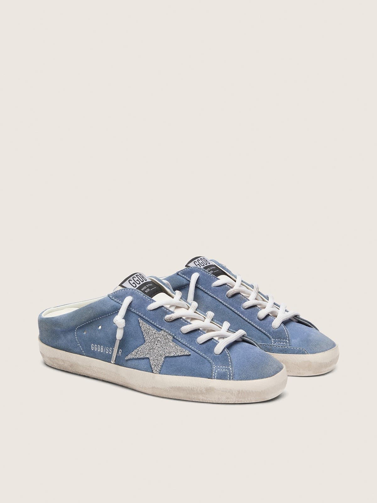 Super-Star Sabot Damen aus denimblauem Rauleder mit silberfarbenem Glitzerstern
