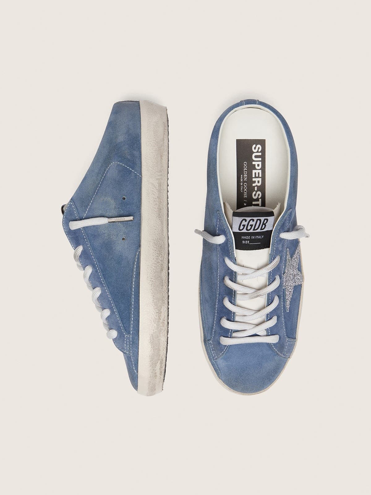 Golden Goose - Super-Star Sabot donna in suede blu denim con stella glitter argento in 