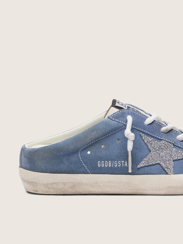 Golden Goose - Super-Star Sabot donna in suede blu denim con stella glitter argento in 