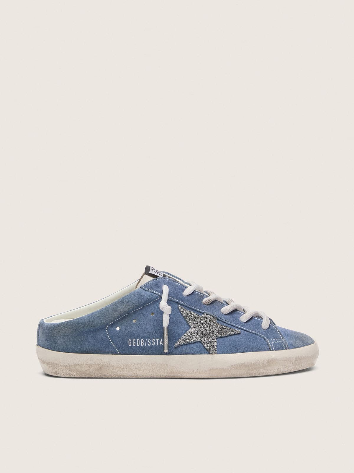 Golden Goose - Super-Star Sabot donna in suede blu denim con stella glitter argento in 