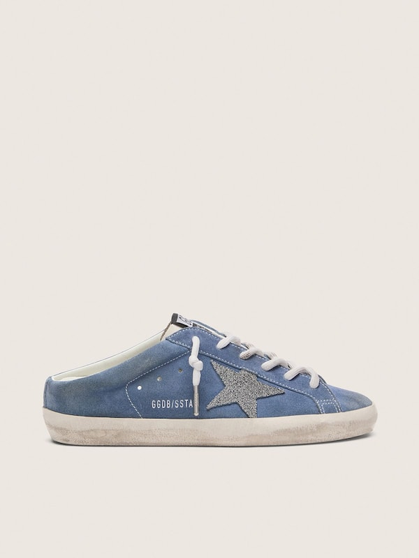 Golden Goose - Super-Star Sabot donna in suede blu denim con stella glitter argento in 