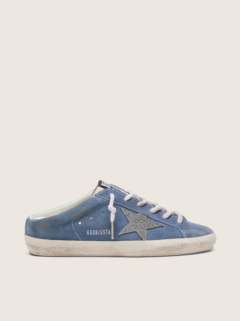 Super-Star Sabot Damen aus denimblauem Rauleder mit silberfarbenem Glitzerstern