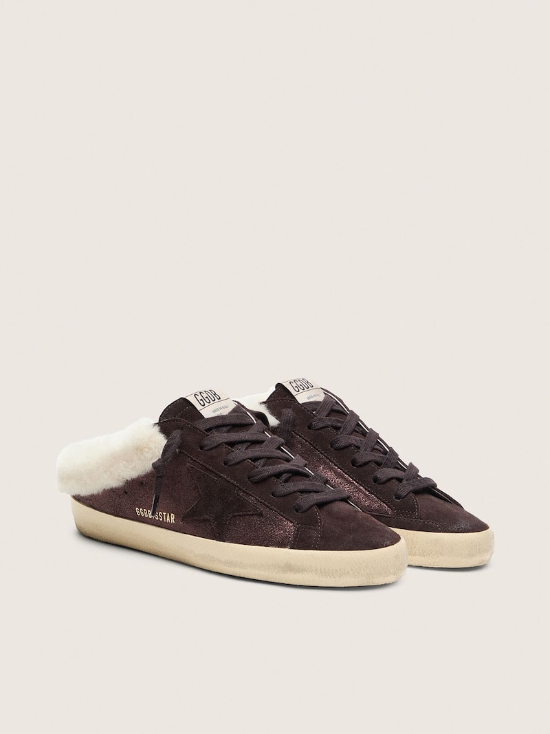 Golden Goose - Mules Super-Star femme en cuir velours &agrave; paillettes marron avec &eacute;toile ton sur ton in 