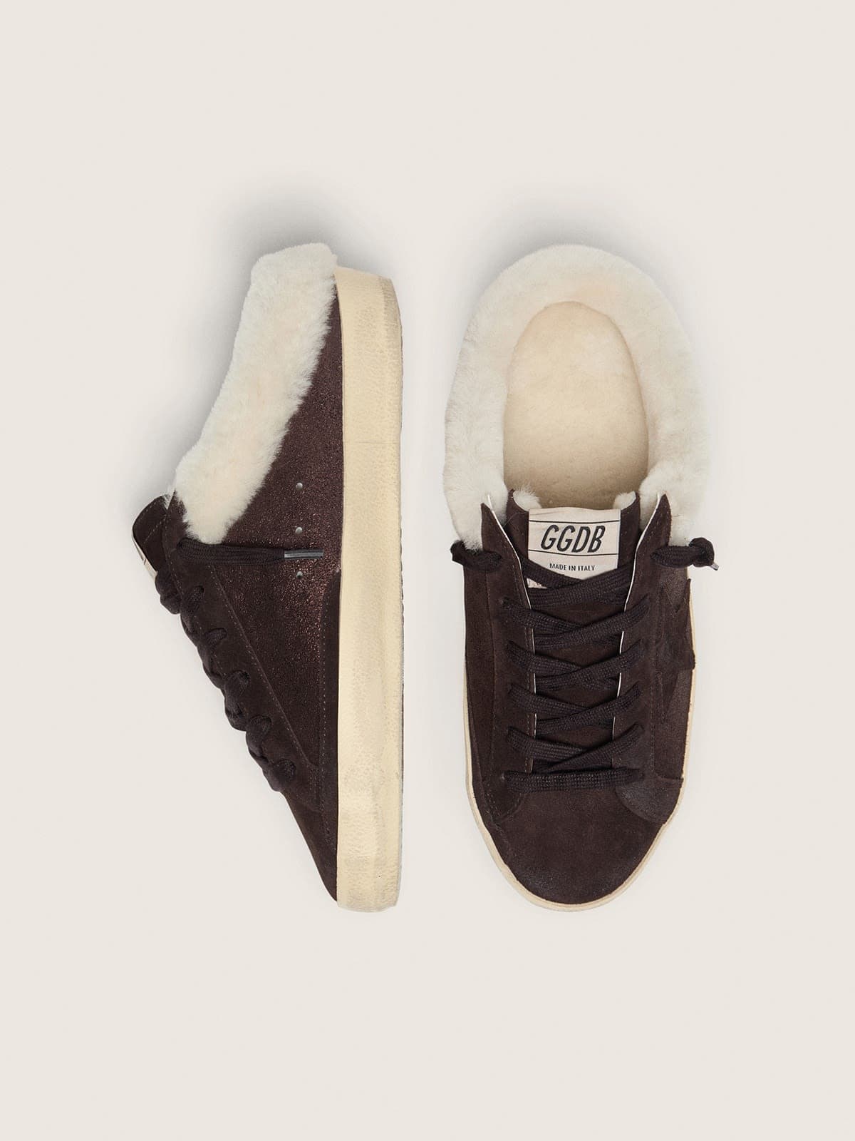 Golden Goose - Women&rsquo;s Super-Star Sabots in dark brown glitter suede with matching star in 