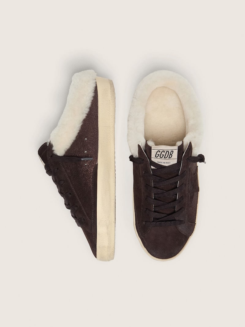 Golden Goose - Mules Super-Star femme en cuir velours &agrave; paillettes marron avec &eacute;toile ton sur ton in 