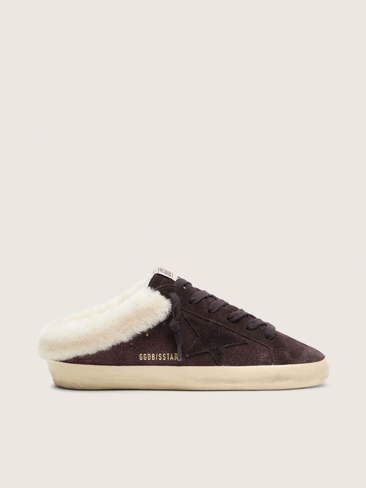 Golden Goose Women&rsquo;s Super-Star Sabots in dark brown glitter suede with matching star Super-Star Sabot brown woman