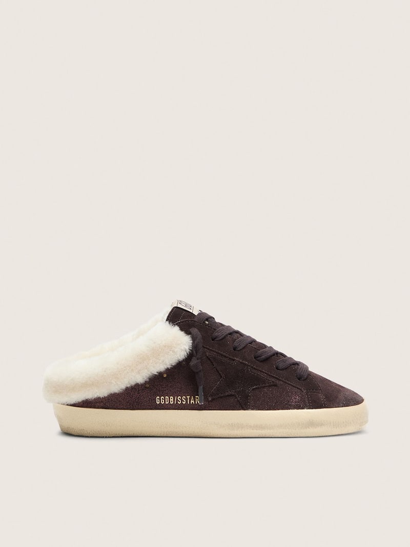 Golden Goose - Mules Super-Star femme en cuir velours &agrave; paillettes marron avec &eacute;toile ton sur ton in 