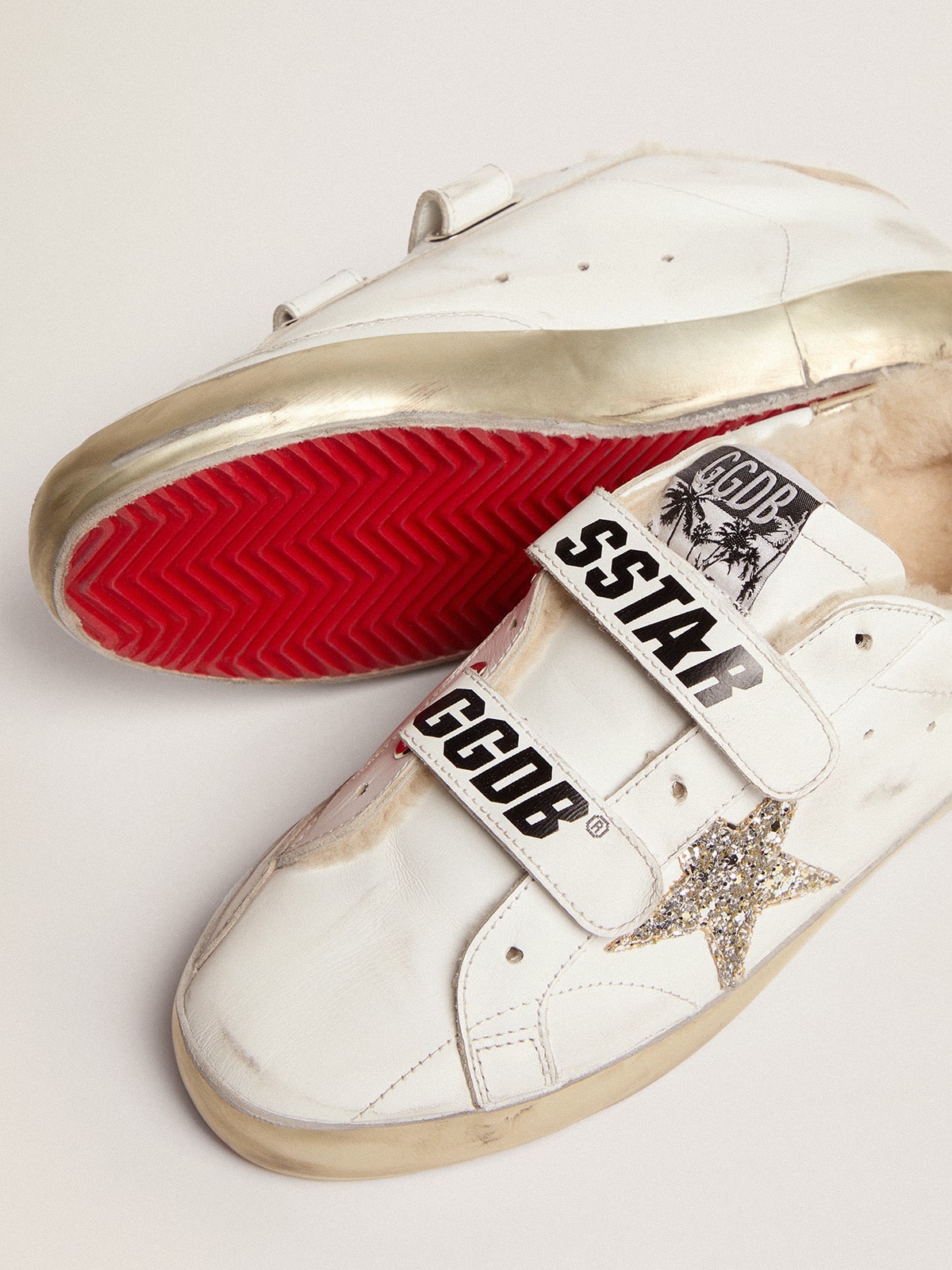 Golden Goose - Women's Old School white with glitter star and shearling lining in 