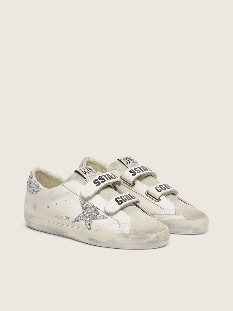 Golden Goose - Old School Donna con stella in glitter argento con linguetta in suede ghiaccio in 