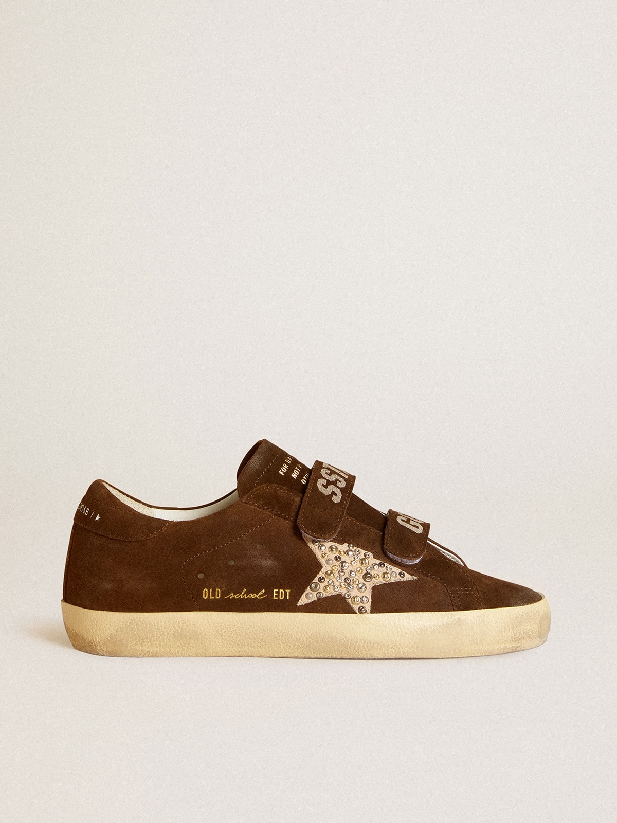 Golden Goose - Old School in suede marone con stella in suede beige con borchie e perle in 