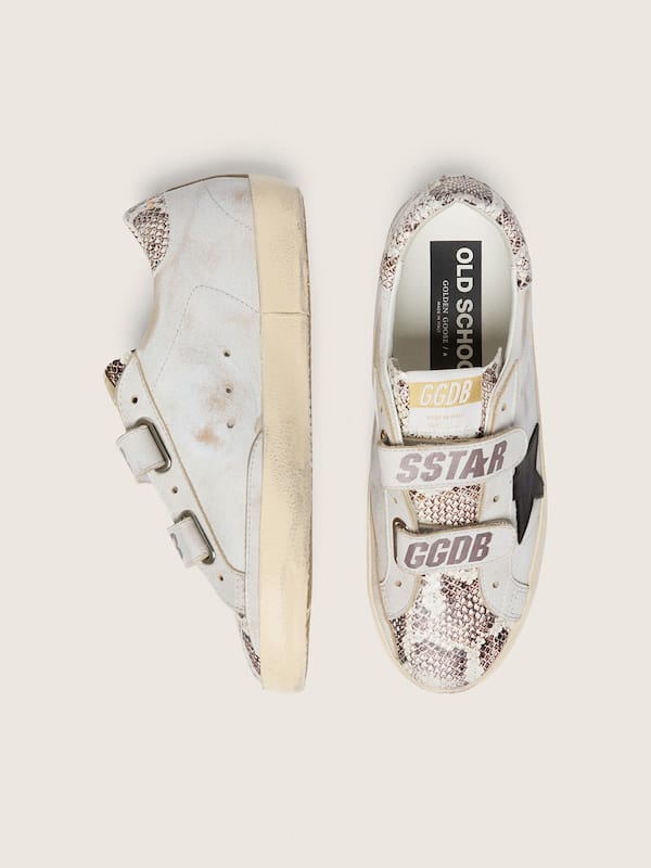 Golden Goose - Women&rsquo;s Old School in white leather with black leather star and snake-print inserts in 