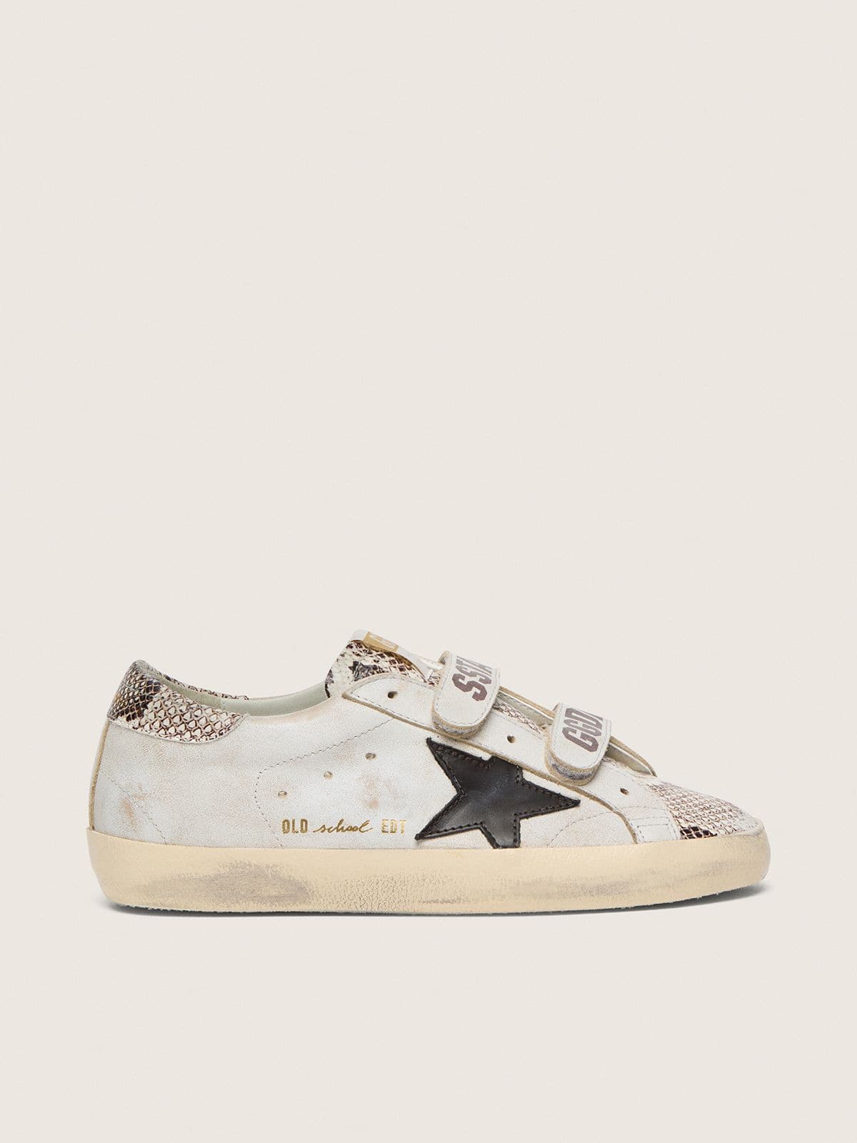 Golden Goose - Old School Damen aus wei&szlig;em Leder mit schwarzem Lederstern und Eins&auml;tzen mit Pythonprint in 