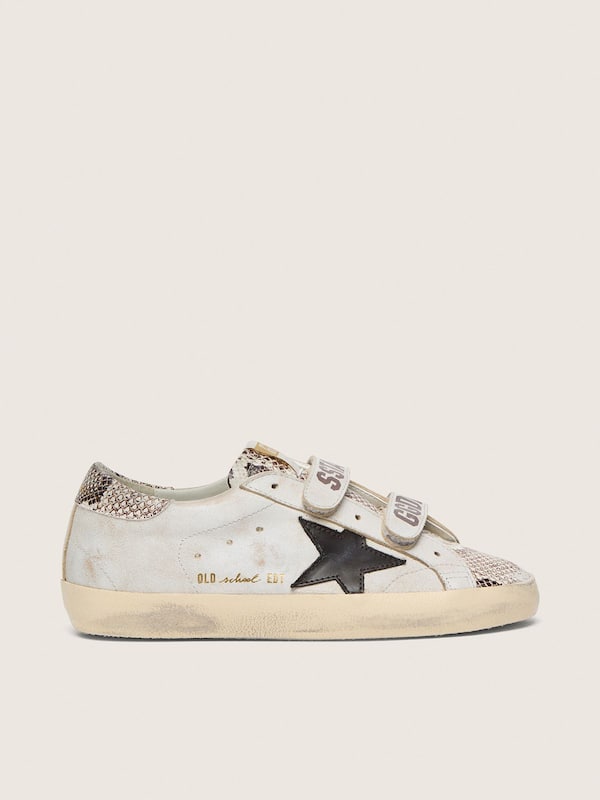 Golden Goose - Women&rsquo;s Old School in white leather with black leather star and snake-print inserts in 