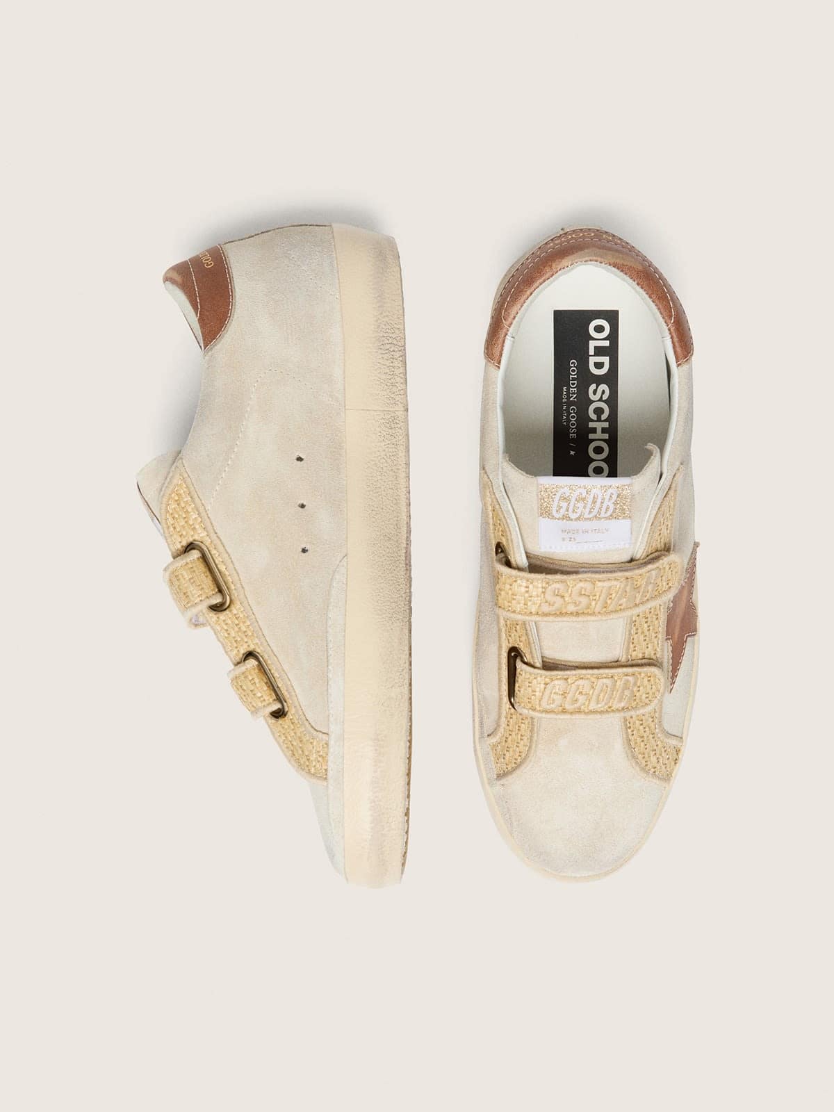 Women&rsquo;s Old School in pearl suede with brick-red leather star and raffia strap