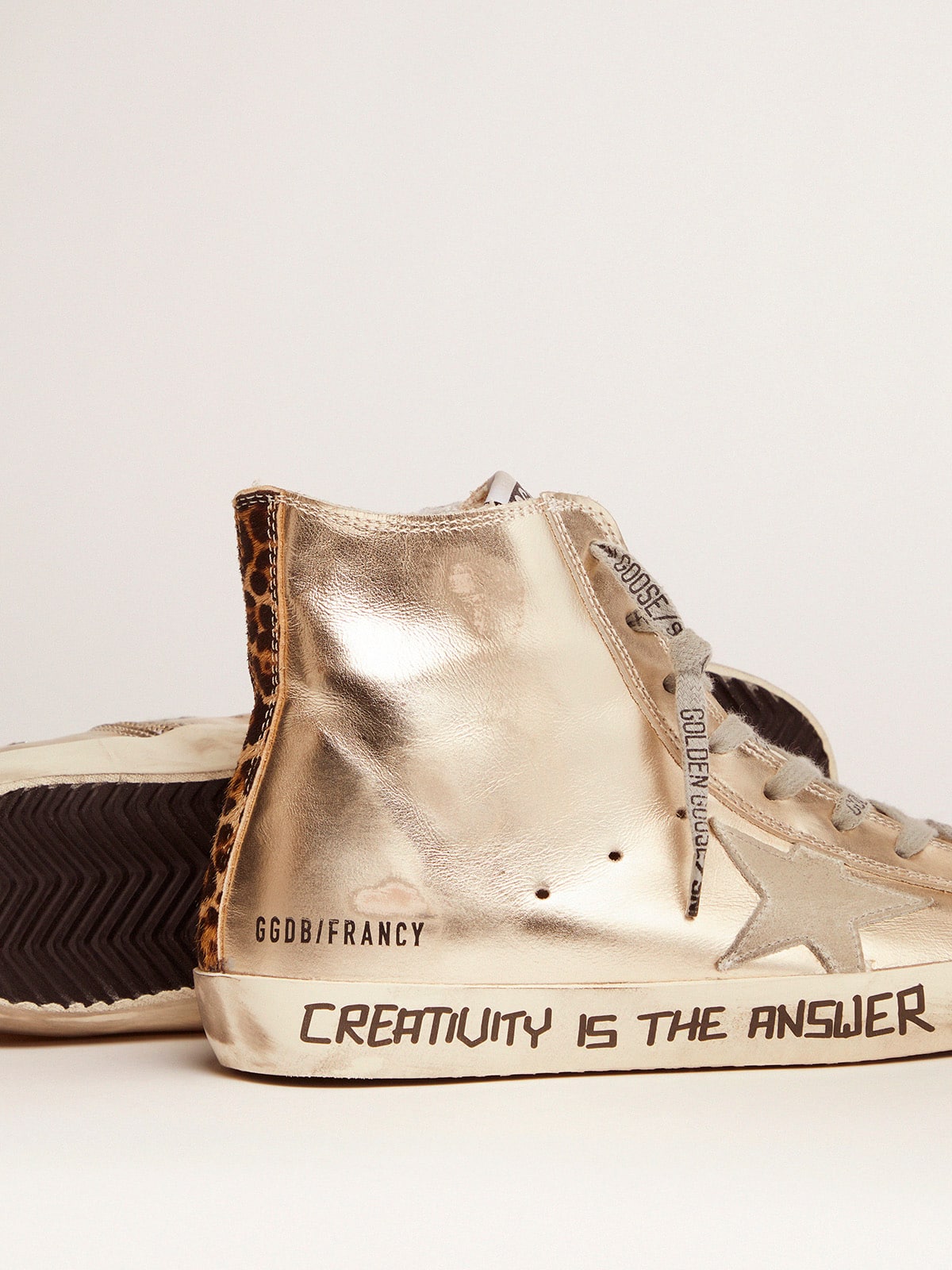 Golden Goose - Gold Francy sneakers with handwritten lettering and leopard-print detail in 