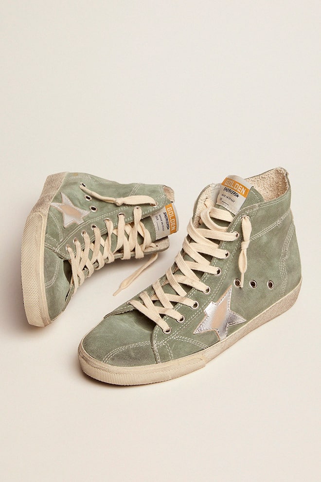 Golden Goose - Francy in green suede with silver metallic leather star in 
