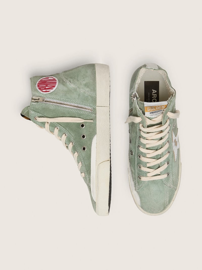 Golden Goose - Francy en ante verde con estrella de piel laminada plateada in 