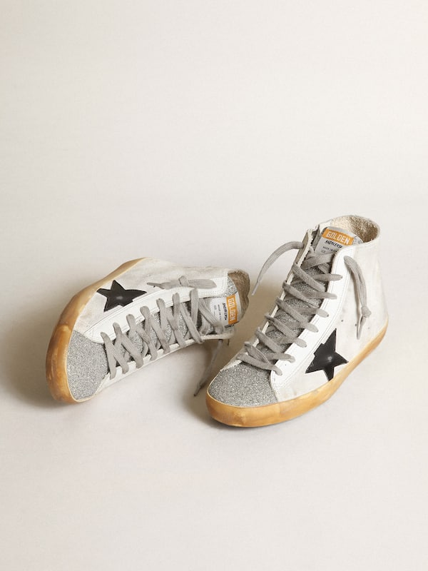 Golden Goose - Women’s Francy in white suede with black leather star and silver Swarovski crystal tongue in 