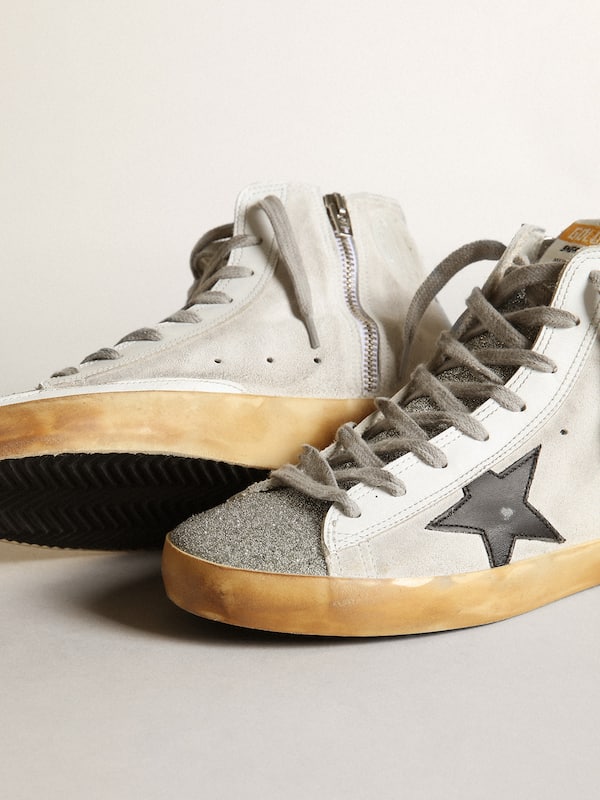 Golden Goose - Women’s Francy in white suede with black leather star and silver Swarovski crystal tongue in 